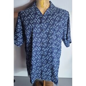 Tommy Bahama Mens Aloha Hawaiian Camp Shirt M Blue Flamingo AOP All Over Print